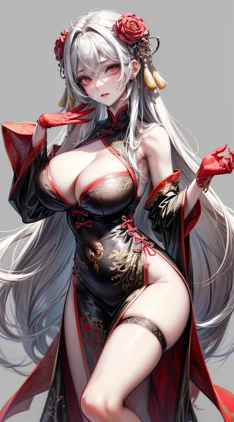 1girl,Line Art,sketch,Pencil drawing, Oil painting, traditional media,((perfect female figure)), white hair, red eyes, mature female, milf, narrow waist, chinese deity, looking at viewer, seductive posture, sexy pose, alluring, clean, beautiful face, pure ...