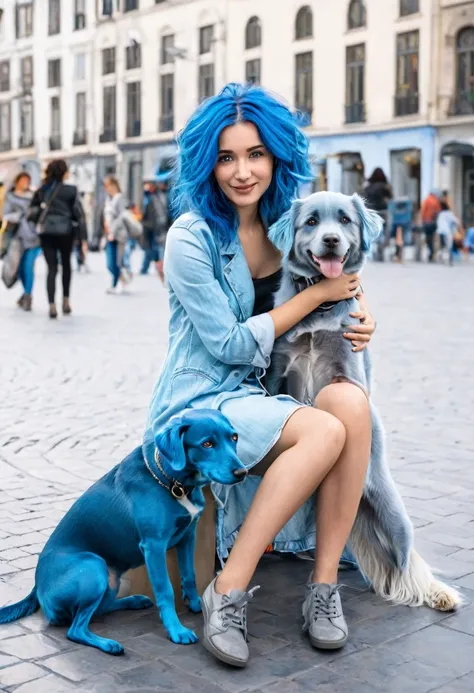 Hot realistic blue hair woman sitting in the square with her dog