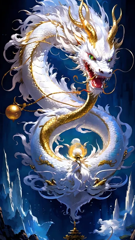 close-up of a dragon with a golden head and white body, chinese dragon concept art, cyan chinese dragon fantasy, chinese fantasy...