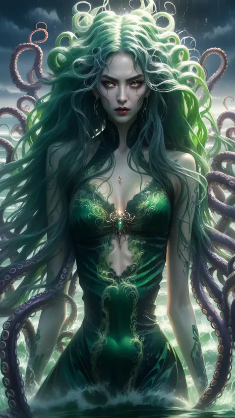 sea witch painting, long green hair, evil, evil党, she is coming to you, close-up, dark sea,( in the water:1.1), lightning, brigh...