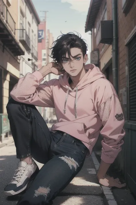 Chiseled features, blue eyes, black hair, thin, masculine, 1 male, teenager, mesh shirt, pink cropped hoodie, ripped jeans, full body, pretty, hyper detailed, masterpeice. illustrated