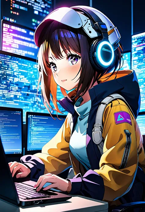 extremly high quality and colorful image of a beautiful anime techgirl coding
