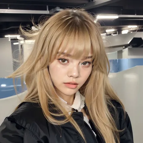 araffed blonde woman with long hair and a black jacket, with bangs, sun yunjoo, lalisa manobal, with full bangs, lalisa manoban of blackpink, jinyoung shin, long hair with full bangs, long hair with bangs, roseanne park of blackpink, janice sung, cai xukun...