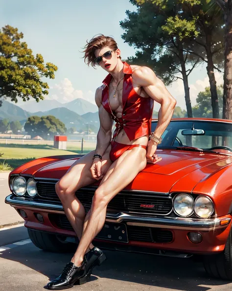 HD quality, high definition, male 18 years old handsome, muscular and slim, red lips, leaning against a sports car, naked or wearing thong, model with bracelets, earrings and Necklace, wearing head band and sunglasses, open red vest, full sexy body, mouth ...