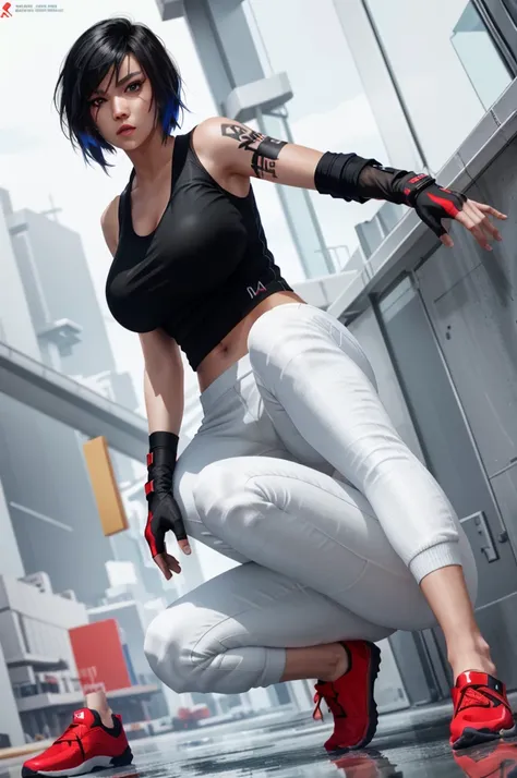 8k resolution, high res, absurd res, FaithMirror, 1girl, solo, gloves, tattoo, fingerless gloves, pants, realistic, one knee, black hair, shoes, sneakers, short hair, tank top, lips, red footwear, face tattoo, big boob, large breasts, exposed cleavage, thi...