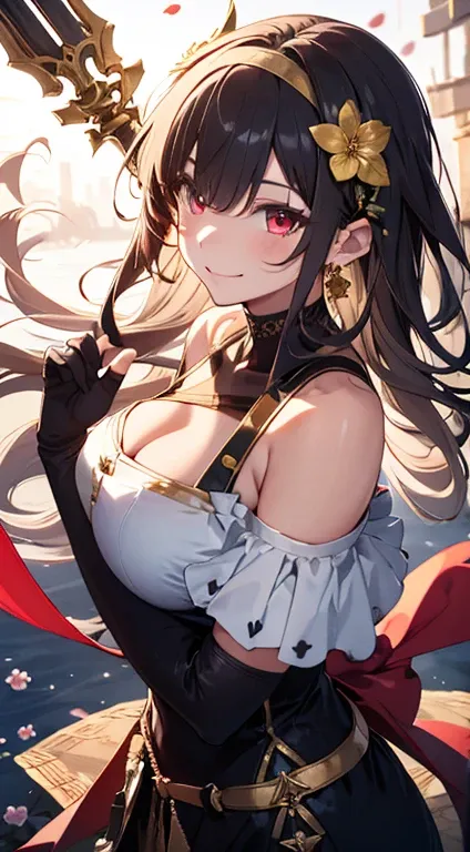 yor briar, anime style beutiful woman, 1girl,fullbody, happy, smile, red face, closed mouth, beautiful detailed eyes, super detailed skin, backlighting, bare shoulders, black background, black dress, black gloves, black hair, breasts, dress, earrings, fing...