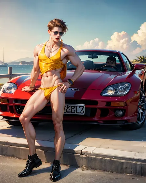 HD quality, high definition, male 18 years old handsome, muscular and slim, red lips, leaning against a sports car, naked or wearing thong, model with bracelets, earrings and Necklace, wearing head band and sunglasses, open yellow vest, full sexy body, mou...