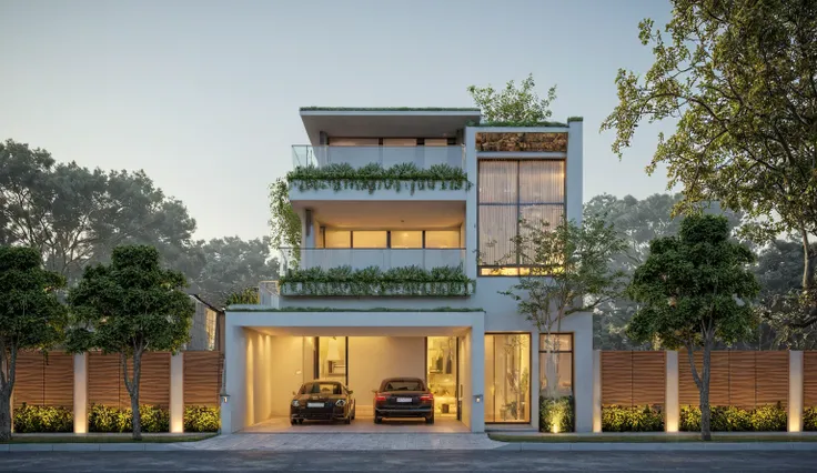 modern villa, modern style, exterior design, perspective view, white wall, (block sidewalks and asphalt roads), (next door neighbors house), (sun light sky background), Low trees around the house, overall peaceful atmosphere cinematic photo, (Neutral light...