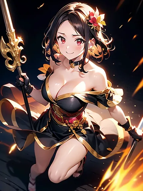 yor briar, anime style beutiful woman, 1girl,fullbody, happy, smile, red face, closed mouth, beautiful detailed eyes, super detailed skin, backlighting, bare shoulders, black background, black dress, black gloves, black hair, breasts, dress, earrings, fing...