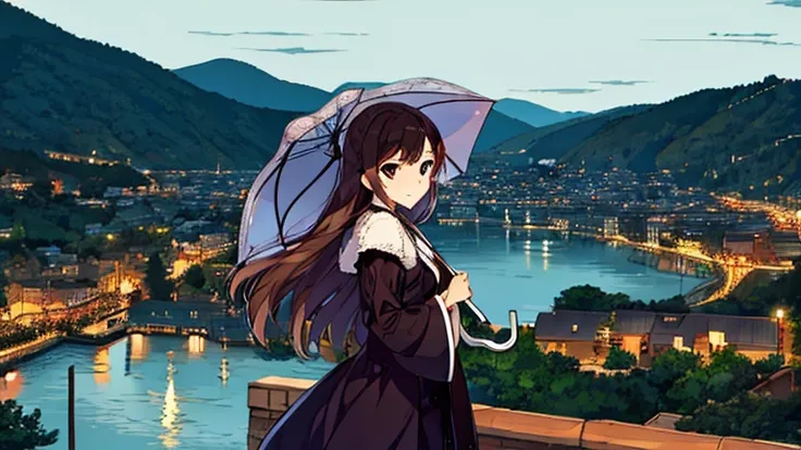 (Highest Resolution, clear_image), highest quality, umbrella, Town,heroine,rain,brown hair