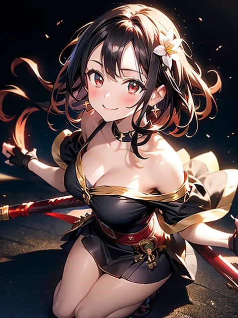 yor briar, anime style beutiful woman, 1girl,fullbody, happy, smile, red face, closed mouth, beautiful detailed eyes, super detailed skin, backlighting, bare shoulders, black background, black dress, black gloves, black hair, breasts, dress, earrings, fing...