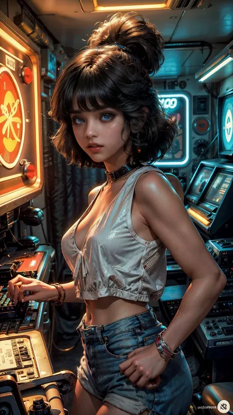 high view shot, In the heart of the retro 80s world, a young beautiful woman with 80s style haircut, 80s fashion sexy neon clothing. in a retro gamer room with 80s style, retro pc and musica band posters on the wall, sensual pose, creates a retro atmospher...