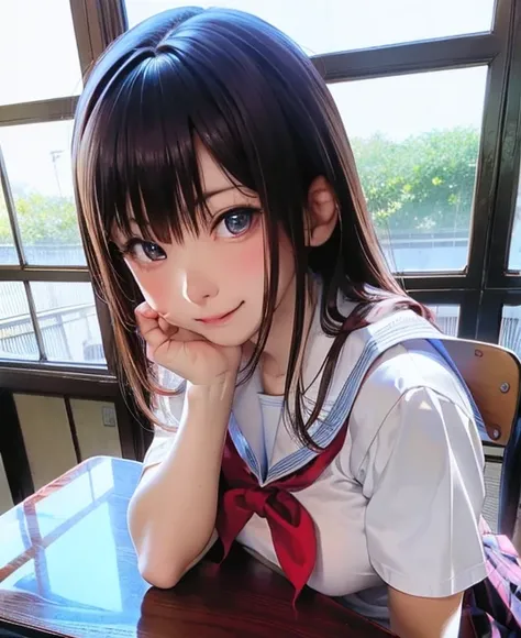 there is a woman sitting on a chair in a classroom, In the classroom, sitting in the classroom, Ultra-realistic high school girl, japanese , Japanese high school, japanese girl uniform, Ultra-realistic high school girl, of posing, Wearing Japanese, cute hi...