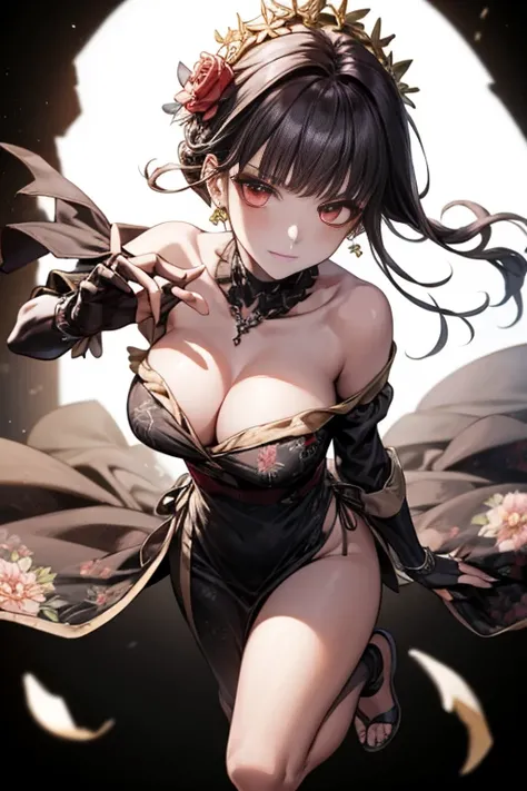 yor briar, anime style beutiful woman, 1girl,fullbody, happy, smile, red face, closed mouth, beautiful detailed eyes, super detailed skin, backlighting, bare shoulders, black background, black dress, black gloves, black hair, breasts, dress, earrings, fing...