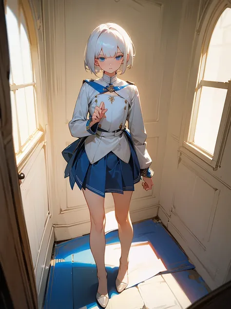 1girl, full body, white hair, short hair, blue eyes, flat chest, gallant expression, white uniform, blue linings, short pleated skirt, bare legs, masterpiece, beautiful face, detailed eyes, clean fingers, standing, medieval room, poverty, poor bedroom, det...