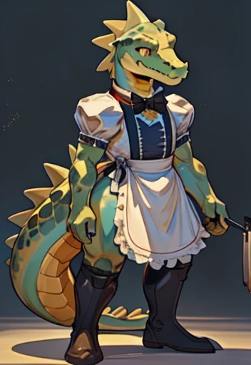 ((better quality ,work of art)) ,lizard alligator male gay , wearing maid dress , green body , small muscular male  , huge hips ...