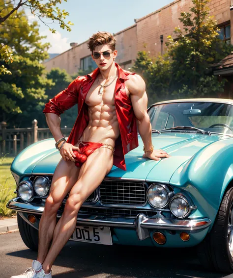 HD quality, high definition, male 18 years old handsome, muscular and slim, red lips, leaning against a sports car, naked exposed crotch penis, model with bracelets, earrings and Necklace, wearing head band and sunglasses, open vest, full nude and naked bo...