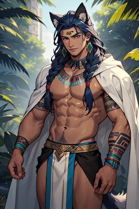 Male, dog person, blue, black, gold, tribal tattoos, fluffy dog tail, fluffy dog ears, very long hair, tribal clothes, dark blue hair, tan skin, gold eyes, tribal jewelry, wavy hair, thick hair, thick fur, slender, Aztec, Egyptian, Arabian, lots of jewelry...