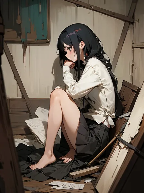 1girl,  black hair, black eyes, , torn clothes, shredded clothes, bloodstains, short pleated skirt, unhappy, masterpiece, beautiful face, detailed eyes, clean fingers, medieval room, poverty, poor bedroom, detailed background