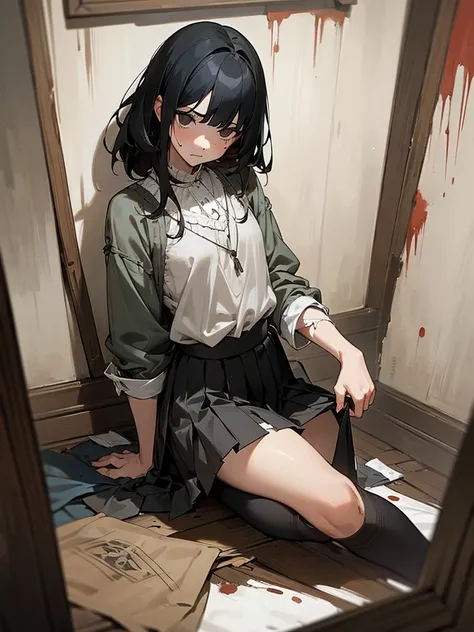 1girl, black hair, black eyes, , torn clothes, shredded clothes, bloodstains, short pleated skirt, unhappy, masterpiece, beautiful face, detailed eyes, clean fingers, medieval room, poverty, poor bedroom, detailed background