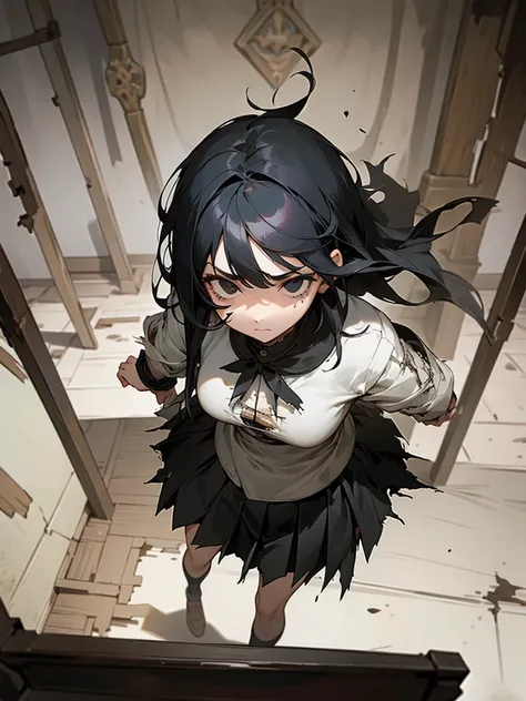 1girl, black hair, black eyes, , torn clothes, shredded clothes, bloodstains, short pleated skirt, unhappy, masterpiece, beautiful face, detailed eyes, clean fingers, medieval room, poverty, poor bedroom, detailed background