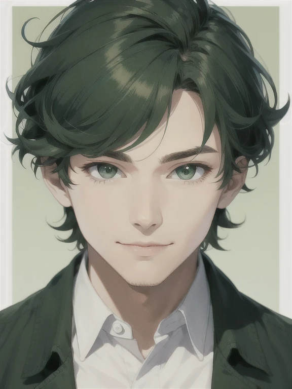 illustration style, atractive boy, green eyes, handsome,small smile