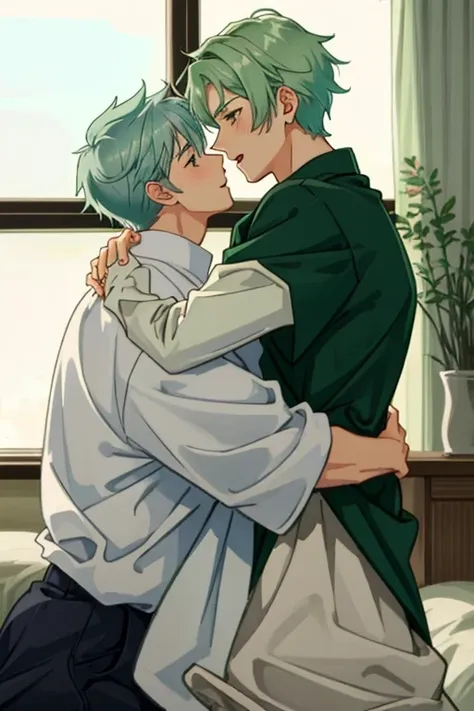 anime bl, boy with green hair,      boy with silver hair  two boy, sex