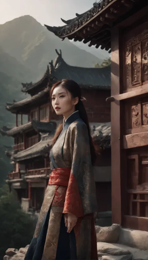 Mountain々Modern Chinese buildings with the background、narrative poem、Cinematic、masterpiece、highest quality、超High resolution、16K UHD、Photorealistic:1.4、High resolution、Raw photo、Sharp rendering、Kodak Portra 400 camera and Canon EF 1.Captured by Lee Jeffries...