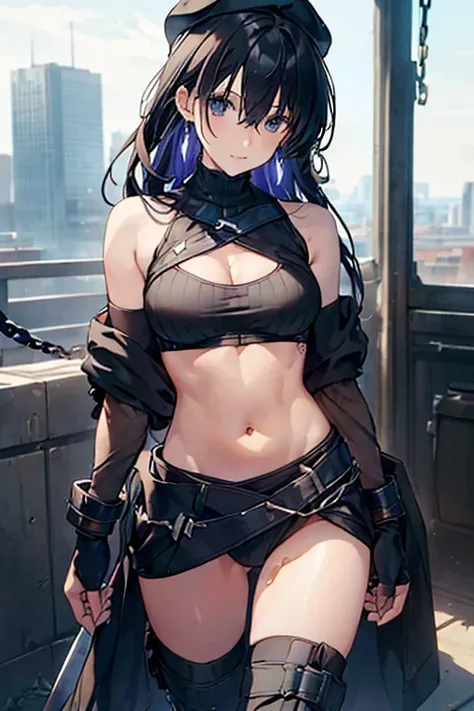 thynasha, 18yo girl Dark blue hair,long hair,ponytail,hair between eyes,bangs,outdoors,cityscape,standing,armor best,assault rifle,camouflage,holding weapon,load bearing vest,saide backpack,full body,best quality,masterpiece,highres,official art,extremely ...