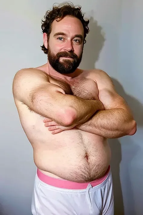 Foto de um homem de 40 anos, German and white with light, pink skin, vestindo uma camiseta regata branca e usando um short curto de cor vermelha. Tem barba curta e cabelo curto, his chest is robust and his body is muscular, he also has a little belly. He i...