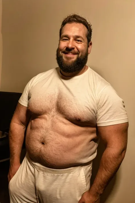 Foto de um homem de 40 anos, German and white with light, pink skin, vestindo uma camiseta regata branca e usando um short curto de cor vermelha. Tem barba curta e cabelo curto, his chest is robust and his body is muscular, he also has a little belly. He i...