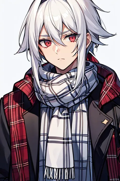 A male character with white hair and a plaid scarf around his neck, com uma aura de chamas ao redor