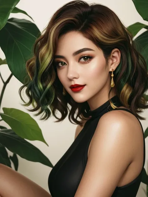 obra de arte solo, 1 garota, Red lips parted in a seductive smile, bombas de colete colossales, olhos verdes brillantes, hair in tight curls, cheveios multicolores with golden and green highlights, chestnut brown base, Ombre effect, reminiscent of X-Mens A...