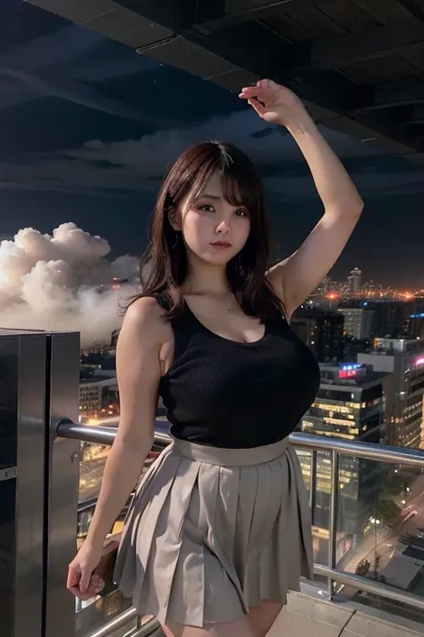 A large woman wearing a dress with a short pleated skirt, GTS City, City Buildings, Smoke rising, cloud, evil, Realistic lighting, High Jump, Under,