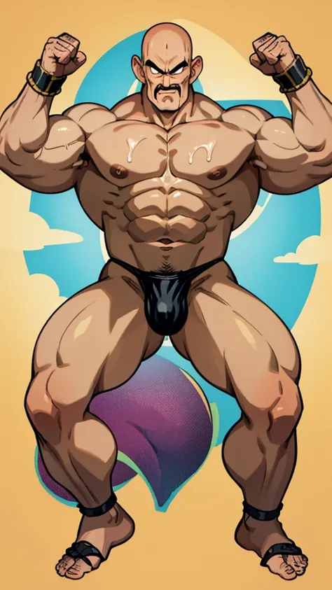 nappa, male focus, solo, 1boy, bald, nipples, muscular male, abs, ashamed face ,black vambraces, veins, pectorals, thighs, black eyes, topless male, mustache, Muscle , bulk ,  (( micro-thong:_Pattern_designs_thongs_perspire_massive pec_Get wet all over you...