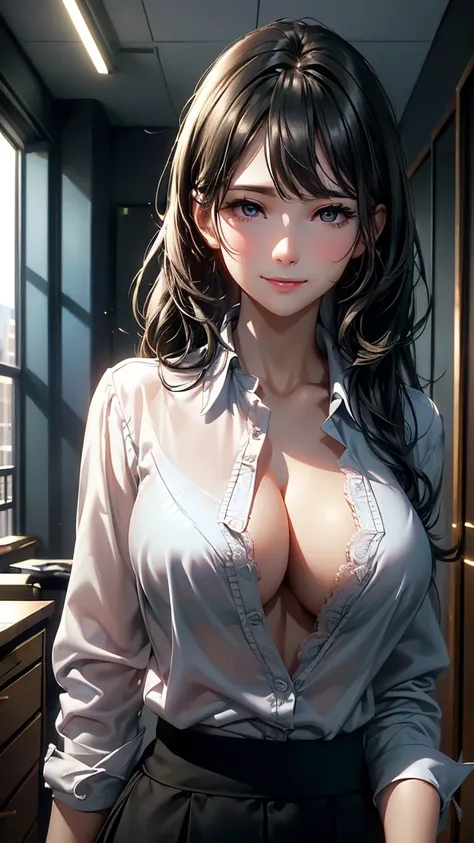 (Masterpiece:1.2), (best quality:1.1, (High quality:1.3), very detailed 8k CG unit wallpaper, depth of field, HDR, realistic, very detailed:1.2, complicated, Highly detailed:1.2, sexy woman, big breasts, office woman, white shirt, Lace underwear, Chest gro...