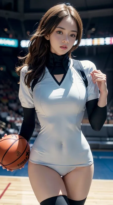 a close-up shot of a woman ((8k)) holding a basketball in a court, in a standing position, looking at the camera, wearing a bask...