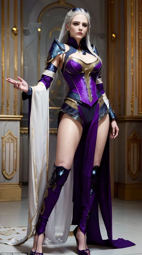 ((Full body photo,standing, feet on the ground))  ((a woman 3v4gr33n)) as Sindel from Mortal Kombat, long, flowing white hair, piercing blue eyes, complexion pale, wearing purple regal and ornate revealing outfit, with royalty and battle elements, her atti...