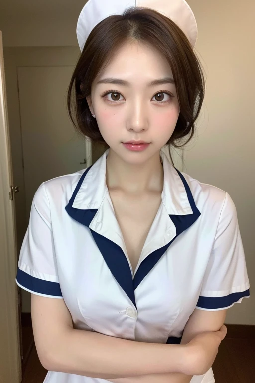 (highest quality、8k、32k、masterpiece、Ultra-high resolution:1.2)、Cute Japanese Women Photos、1 girl、(Medium short dark brown hair)、(Small Tits)、double eyelid、White nurse uniform、Little White Nurse (cap) 、White shirt、Open shirt、hospital、Hospital room、Upper bod...