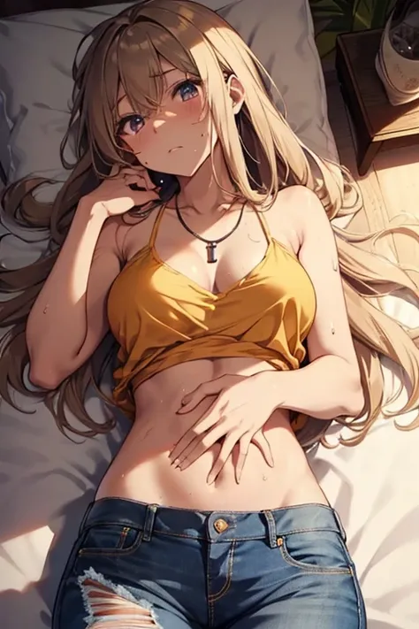 tan skinned anime woman wearing a cami top and jeans, famished in hunger, (necklace), (gently resting hands on stomach), (sweating), (lying down), (long hair), (hands on stomach)