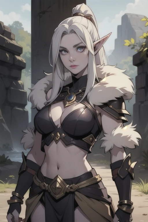 Ancient, Lost dark elf tribe, pale skin, fur armor, rings, female creature, prehistoric era, leader, looking at viewer,