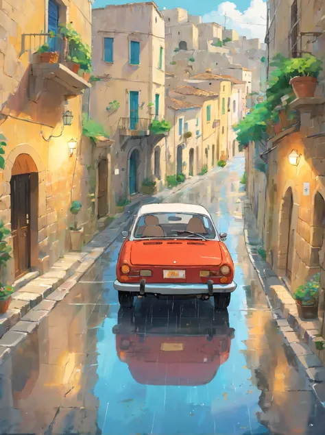 a car runs down the streets of Matera, in sassi_di_matera, obstacles on the road, rain, rain puddles on the path