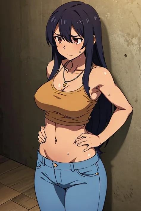 tan skinned anime woman wearing a cami top and jeans, famished in hunger, (necklace), (gently resting hands on stomach), (sweating), (long hair), (hands on stomach)