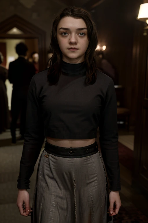 masterpiece, best quality, detailed face, arya stark, sexy dress, midriff, in a room, looking at viewer, sexy smirk face