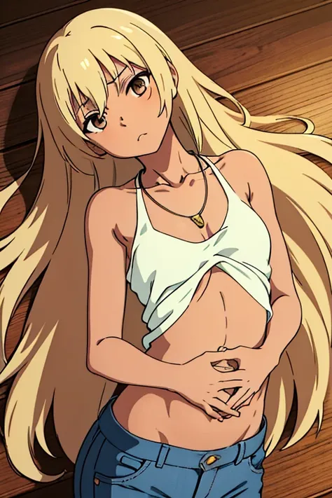 tan skinned anime woman wearing a cami top and jeans, famished in hunger, (necklace), (gently resting hands on stomach), (glossy skin), (lying down), (long hair), (hands on stomach)