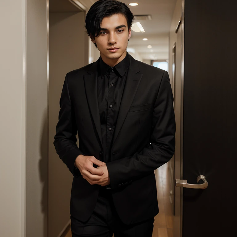 Twenty year old man looking sexy and charming with black hair and a fancy black suit 