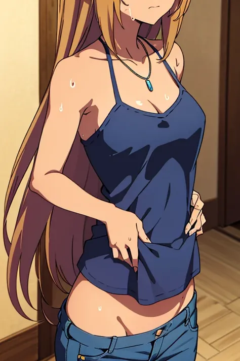 tan skinned anime woman wearing a cami top and jeans, famished in hunger, (necklace), (gently resting hands on stomach), (sweating), (long hair), (hands on stomach)