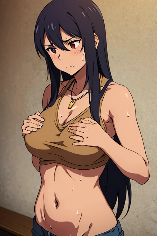 tan skinned anime woman wearing a cami top and jeans, famished in hunger, (necklace), (gently resting hands on stomach), (sweating), (long hair), (hands on stomach)