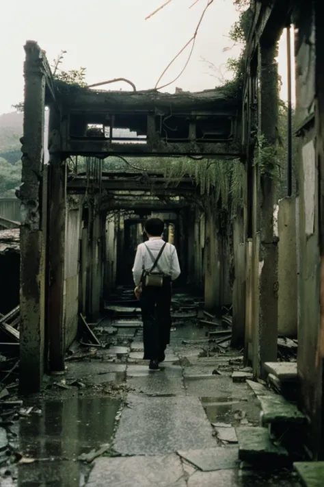 amusement park,moss,Collapse,Devastation,Inside the ruins is narrow,Showa,Glasses,Women,adventure,Black and White,