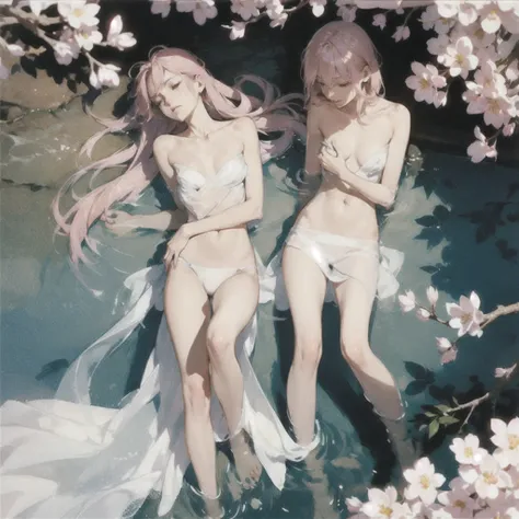 Beautiful slim skinny exquisite naked girl with a perfect exquisite face with pink hair with tender breasts with tender nipples barefoot (((lies))) on the veranda of the house under the cherry blossoms and dreamily looks at the flowers, Coffee, in a gentle...